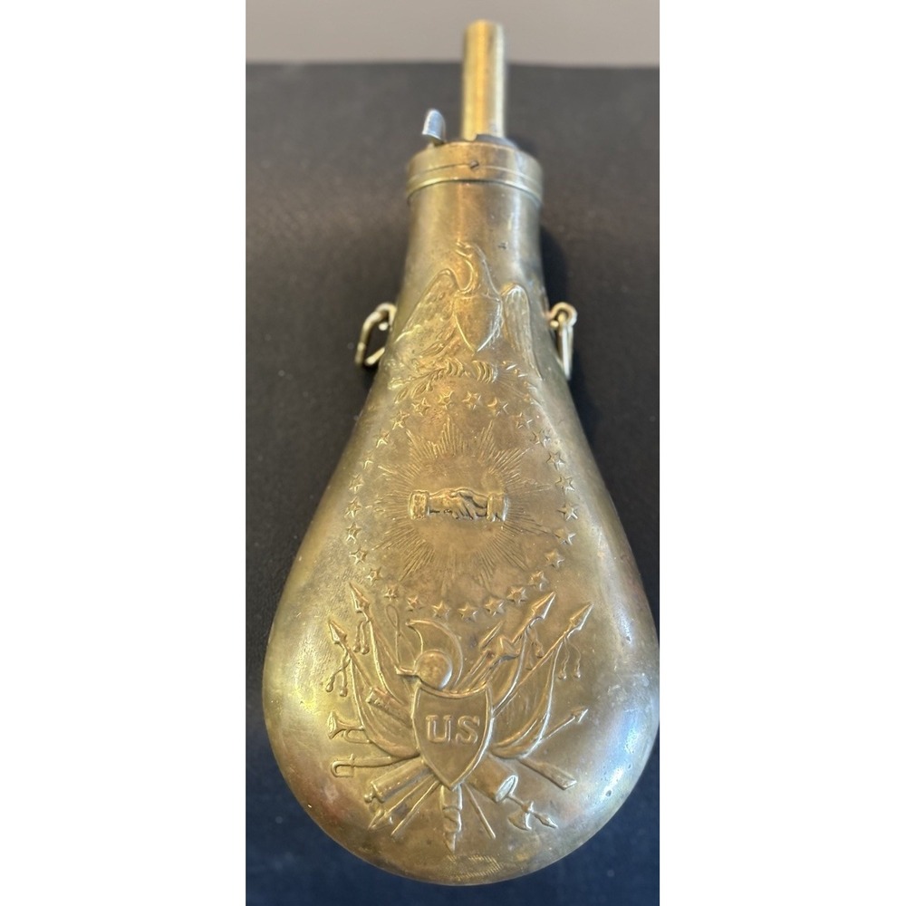 Vtg US Civil War Reproduction Brass Black Powder Flask Peace Hands Eagle Patriot